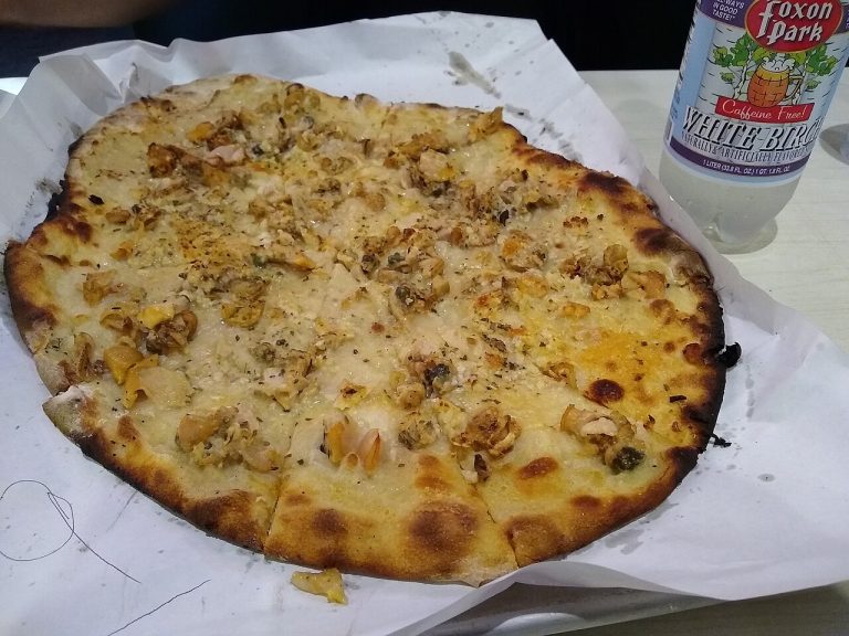 White clam pizza at Frank Pepe Pizzeria Napoletana in New Haven, Connecticut.