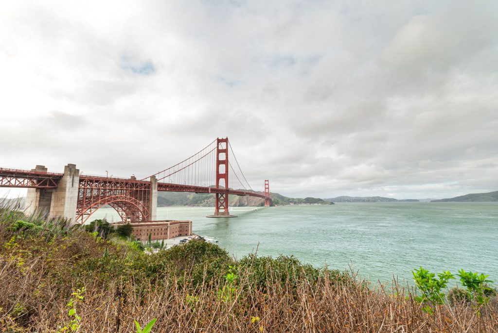 Golden Gate Bridge in San Francisco with greenery in the foreground
