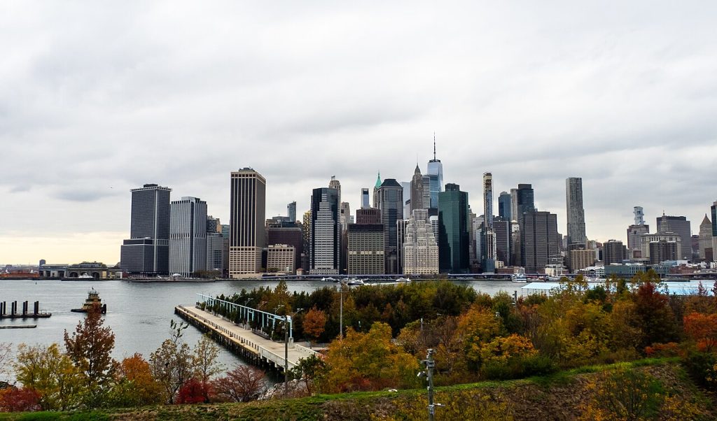Lower Manhattan skyline viewed across the East River from Brooklyn Heights.